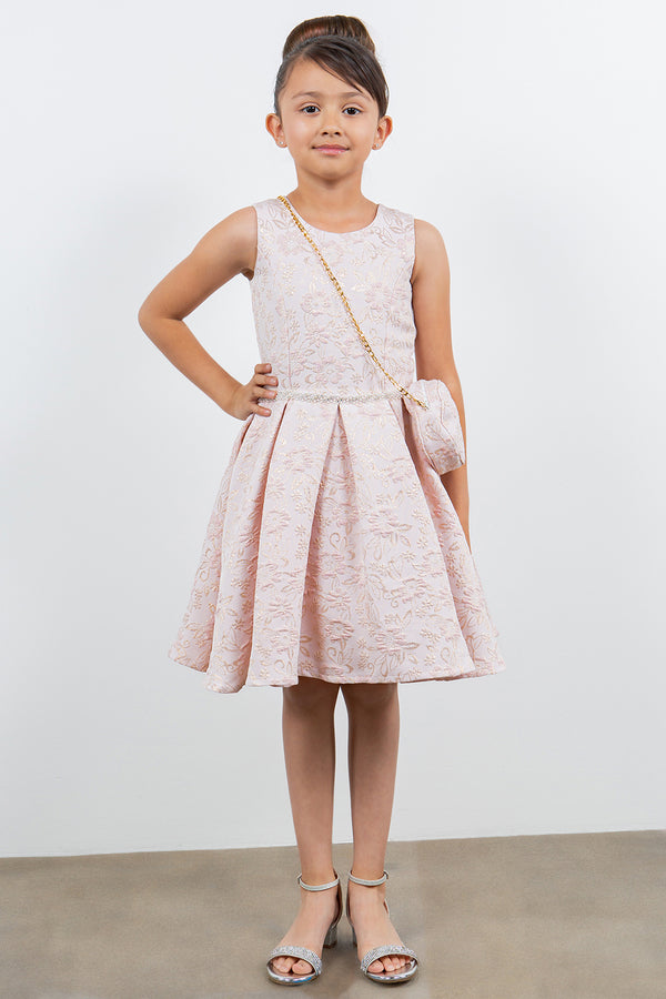 Girls Rhinestone Waist Shoulder Bag Foil Print Jacquard Dress 2-12